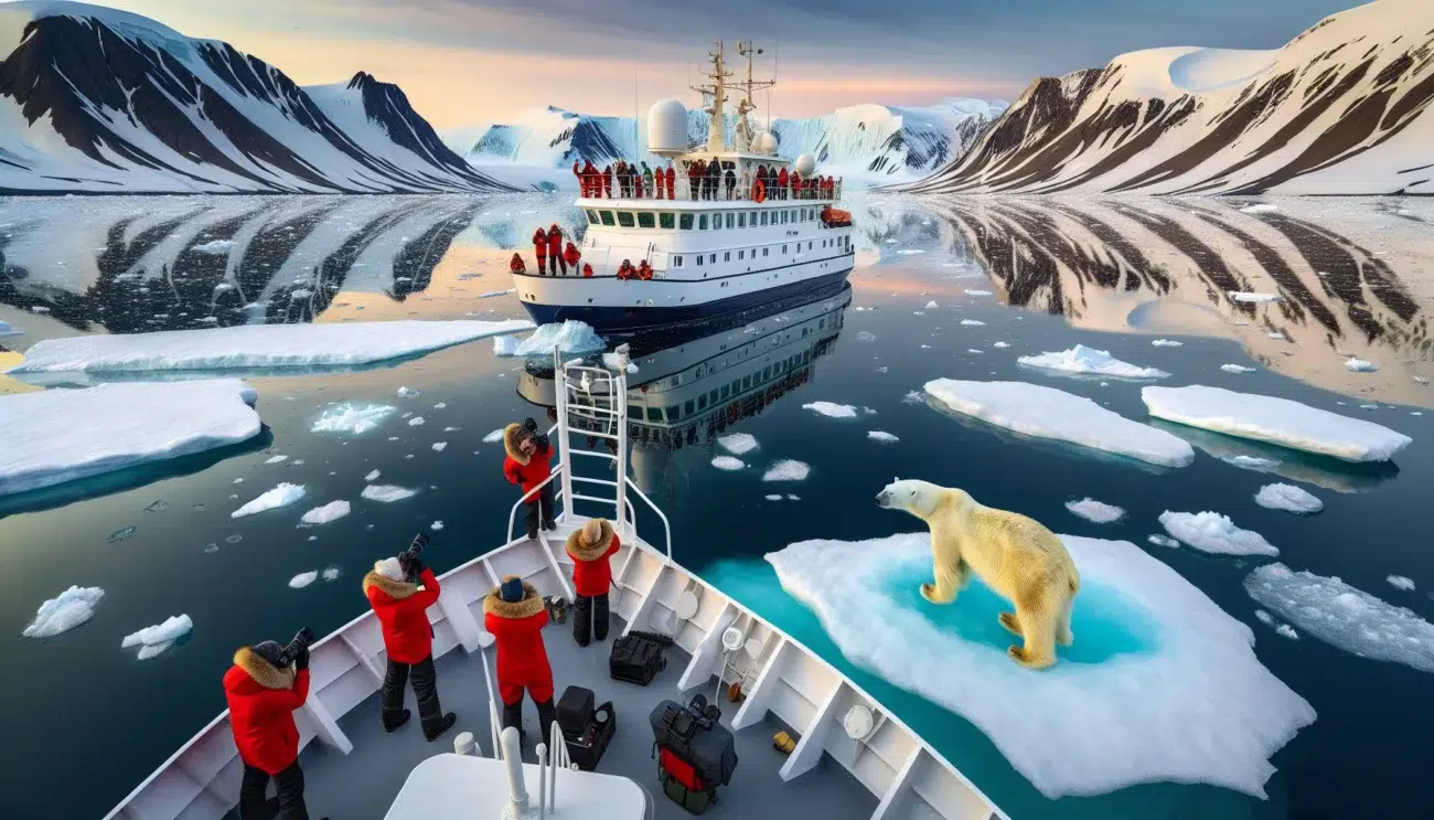 A small arctic boat watches a polar bear on svalbard ice
