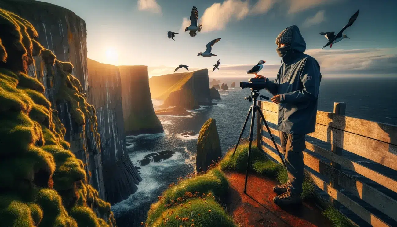 Birder watching puffins and gannets on norway s runde cliffs at sunset