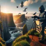 Birder watching puffins and gannets on norway s runde cliffs at sunset