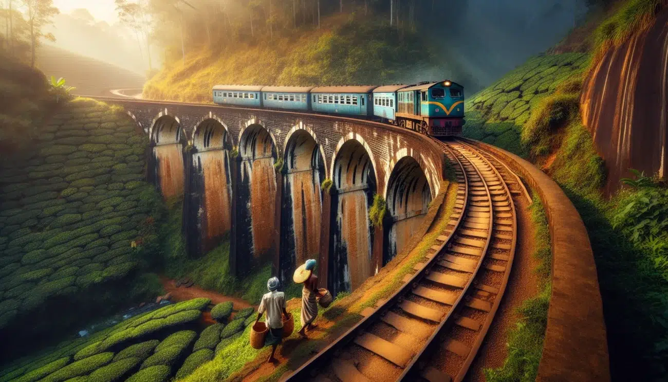 Blue train crosses sri lanka s nine arch bridge above misty tea terraces