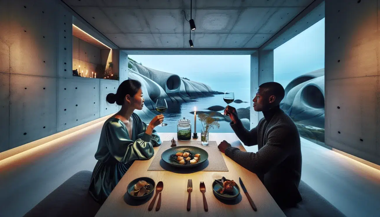 Dining inside norway s under restaurant with kelp forest and fish beyond window