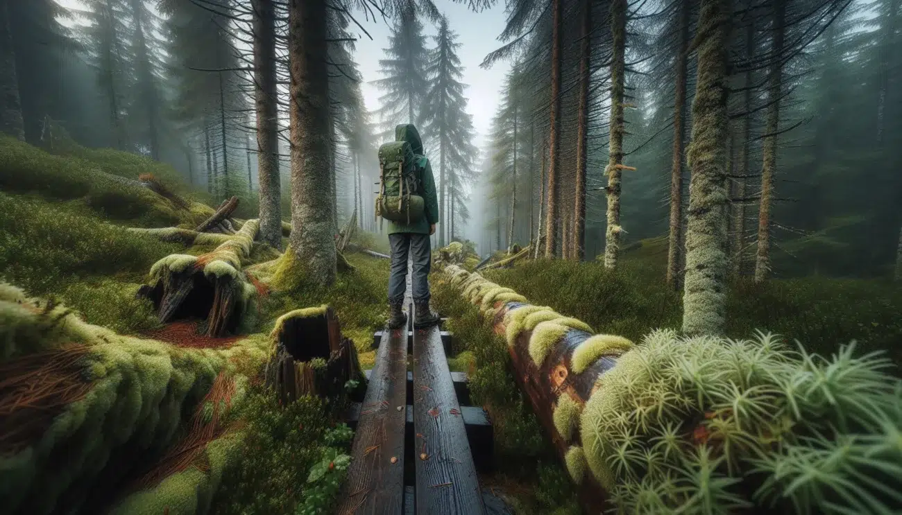 Hiker on a mossy boardwalk in a misty ancient norwegian spruce forest