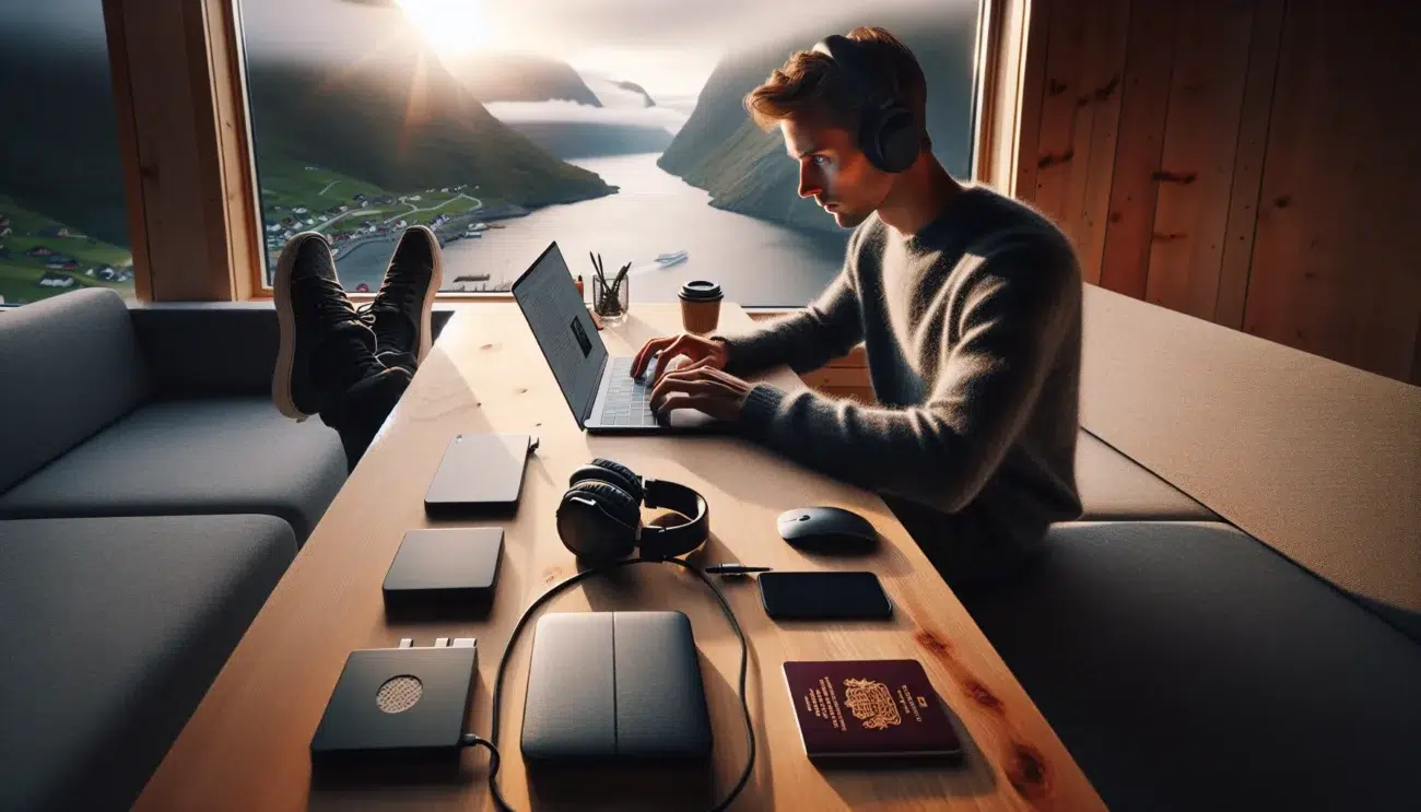Norwegian digital nomad working at a bright coworking desk with global map pins
