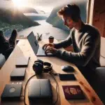 Norwegian digital nomad working at a bright coworking desk with global map pins