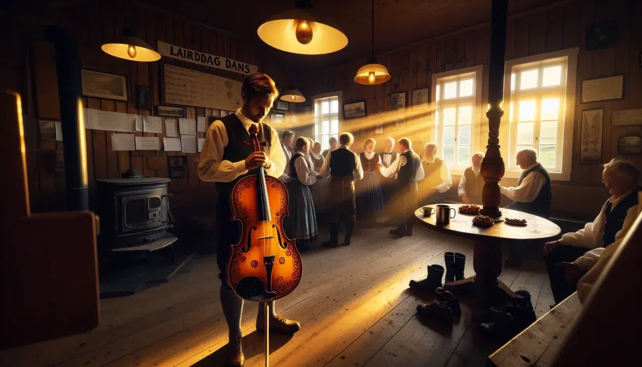 Norwegian folk dancers and hardanger fiddler in a warm community hall