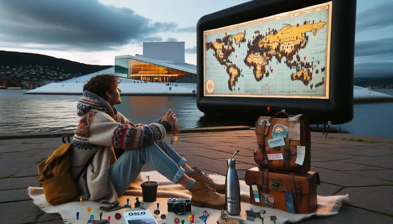 Norwegian traveler at waterfront outdoor cinema planning film location trips