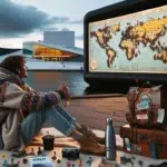 Norwegian traveler at waterfront outdoor cinema planning film location trips