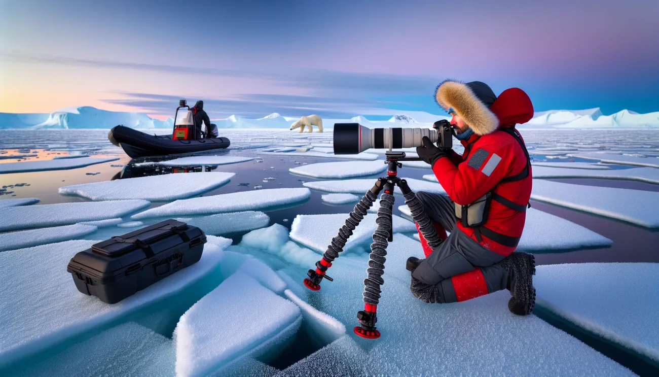 Photographer in svalbard captures distant polar bear on sea ice at blue hour
