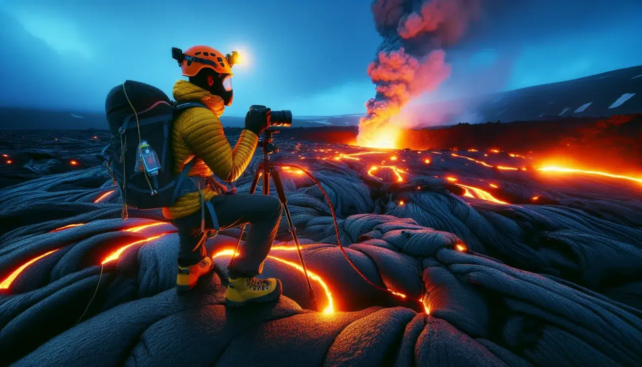 Traveler safely photographing icelandic lava flow at dusk behind barriers