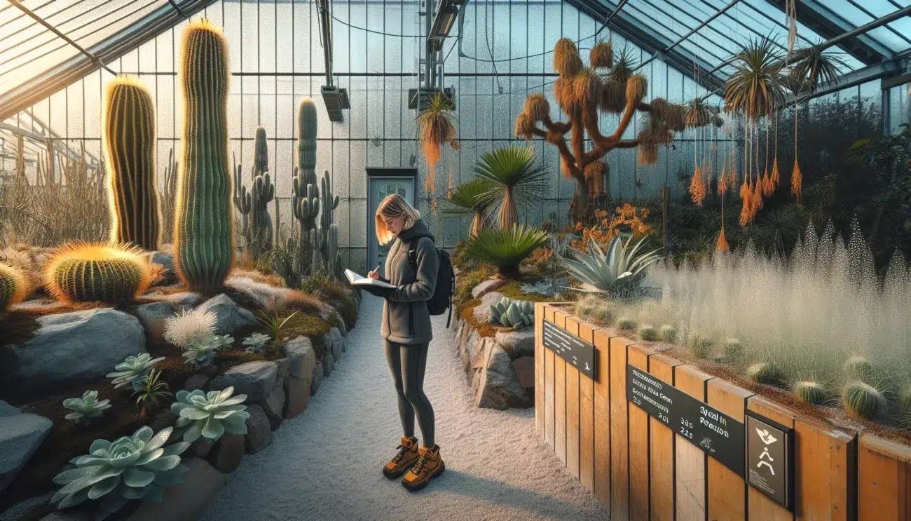Visitor studies cacti and tropical plants inside a norwegian glasshouse at sunset