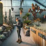 Visitor studies cacti and tropical plants inside a norwegian glasshouse at sunset