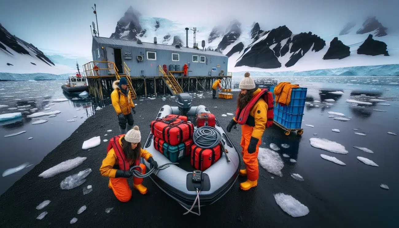 Zodiac landing at jan mayen with beerenberg looming and supplies exchanged