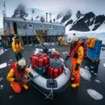 Zodiac landing at jan mayen with beerenberg looming and supplies exchanged