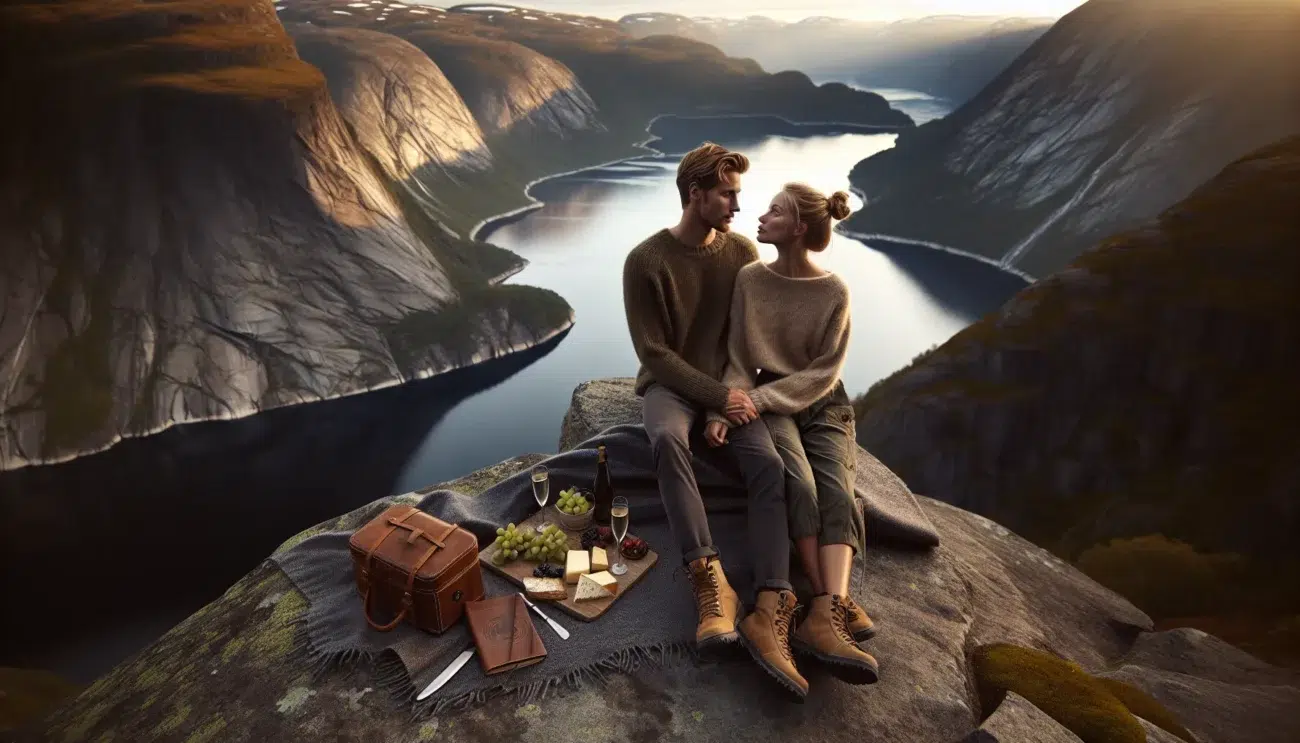 Couple wrapped in a blanket enjoying a romantic picnic above a norwegian fjord