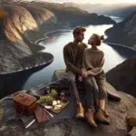 Couple wrapped in a blanket enjoying a romantic picnic above a norwegian fjord