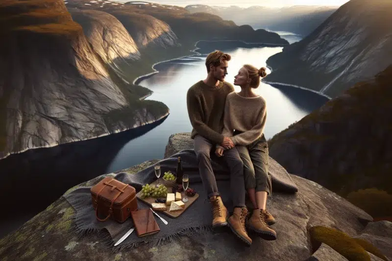 Couple wrapped in a blanket enjoying a romantic picnic above a norwegian fjord