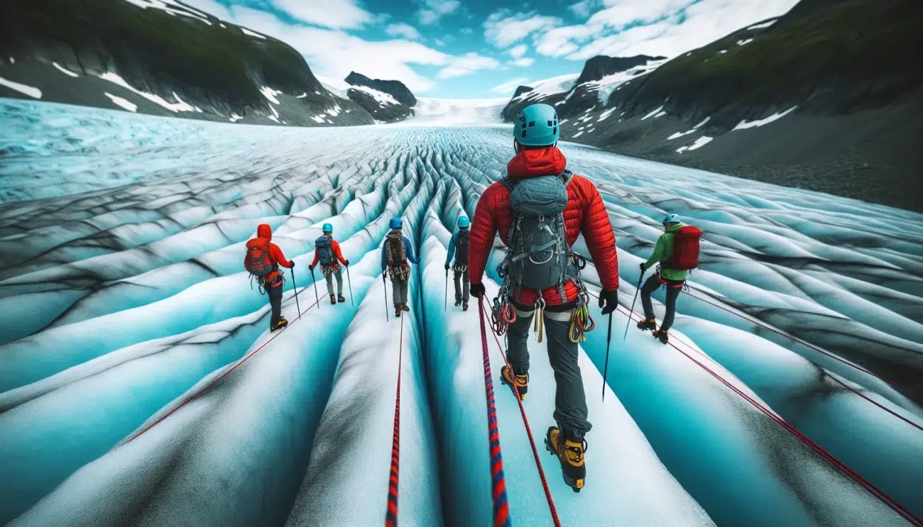 Guided rope team hikes across blue norwegian glacier amid dramatic fjord mountains