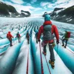 Guided rope team hikes across blue norwegian glacier amid dramatic fjord mountains