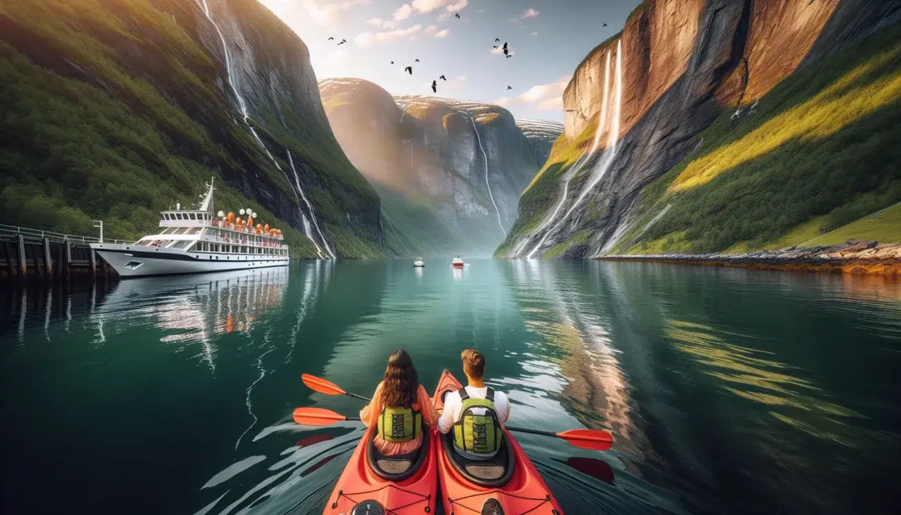 Kayakers and a cruise boat in a dramatic norwegian fjord with steep mountains