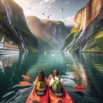 Kayakers and a cruise boat in a dramatic norwegian fjord with steep mountains