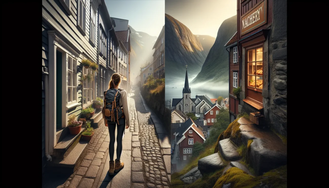 Norwegian woman between historic city street and mountain valley blending culture and nature