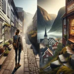 Norwegian woman between historic city street and mountain valley blending culture and nature