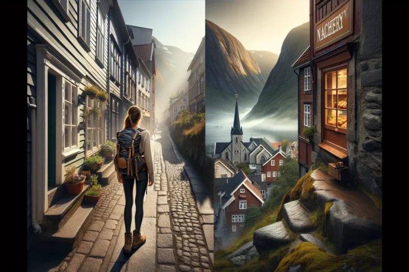 Norwegian woman between historic city street and mountain valley blending culture and nature