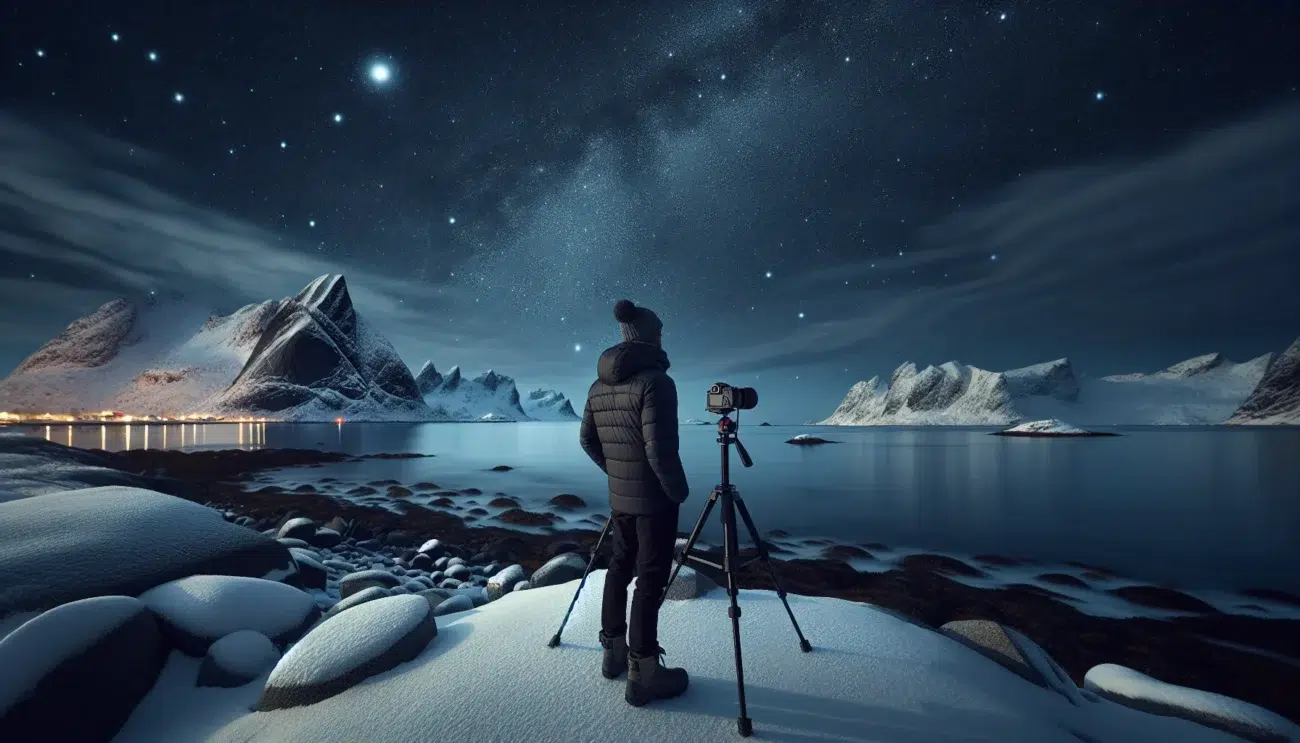 Person stargazing by a snowy norwegian coast under the milky way and faint aurora