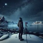 Person stargazing by a snowy norwegian coast under the milky way and faint aurora