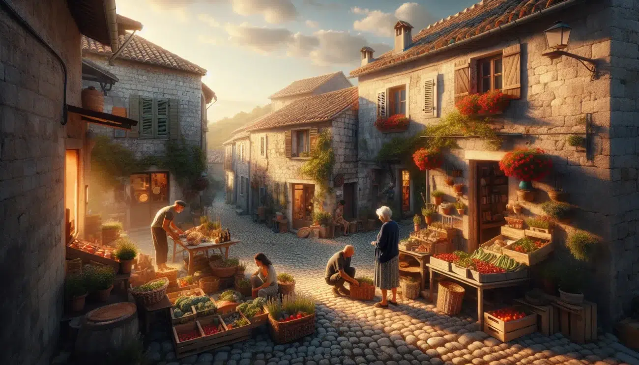 Quiet european village square at sunrise with local market church tower and fjord landscape