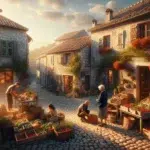 Quiet european village square at sunrise with local market church tower and fjord landscape