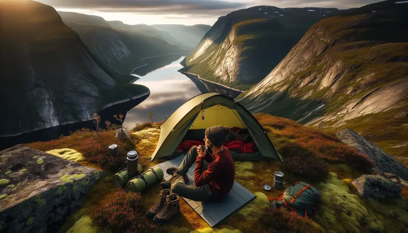 Solo camper with tent overlooking a norwegian fjord under the midnight sun