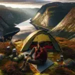 Solo camper with tent overlooking a norwegian fjord under the midnight sun
