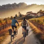 To norske syklister pa grusvei mellom vinmarker med europeiske fjell i bakgrunnen