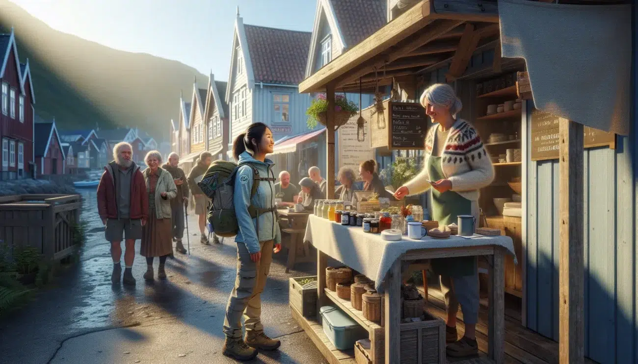 Traveler supporting a local market and cafe in a small norwegian coastal town