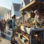 Traveler supporting a local market and cafe in a small norwegian coastal town
