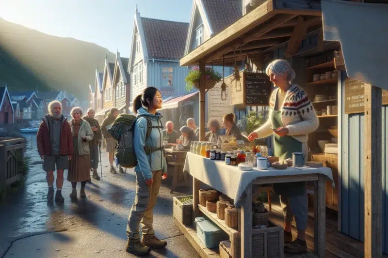 Traveler supporting a local market and cafe in a small norwegian coastal town
