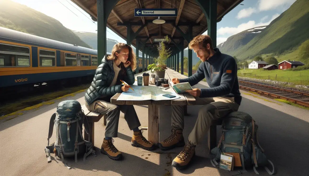 Young couple plans an eco friendly train and hiking trip in rural norway