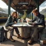 Young couple plans an eco friendly train and hiking trip in rural norway