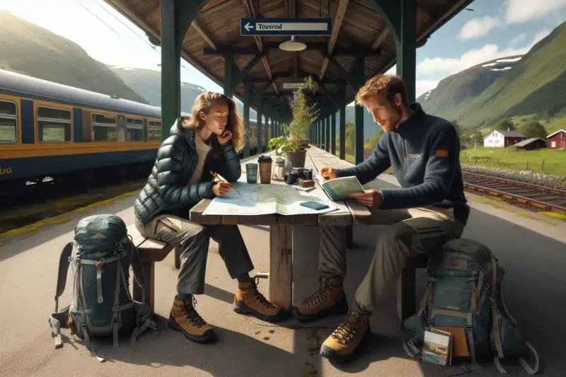 Young couple plans an eco friendly train and hiking trip in rural norway